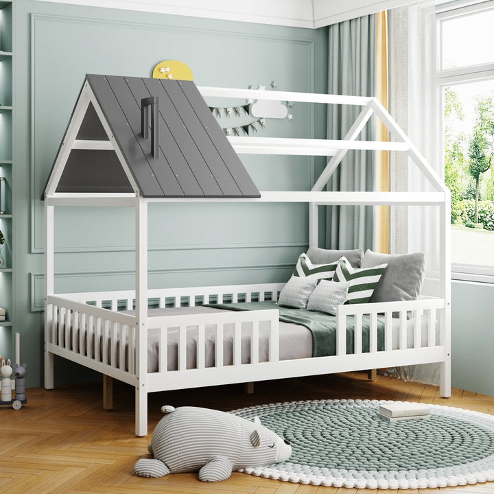 Full Size Wood House Bed with Fence, White+GrayDTYStore