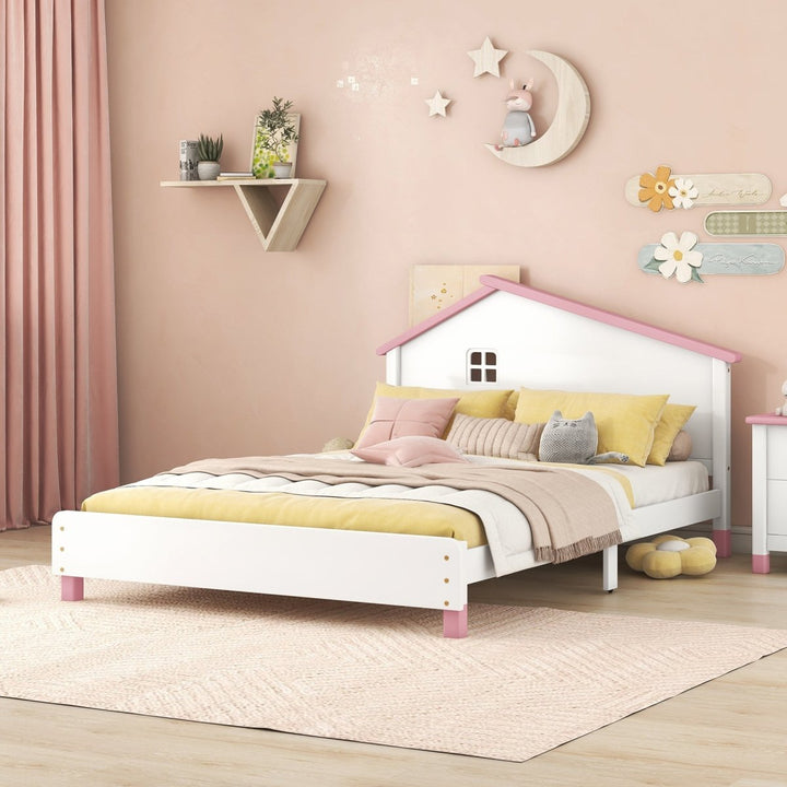 Full Size Wood Platform Bed with House-shaped Headboard (White+Pink)DTYStore