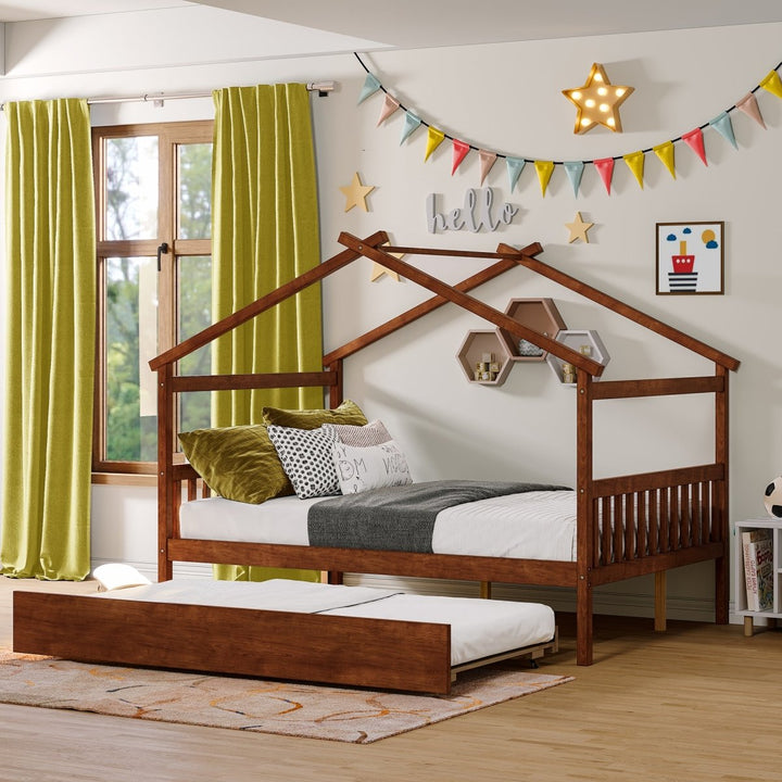 Full Size Wooden House Bed with Twin Size Trundle, WalnutDTYStore