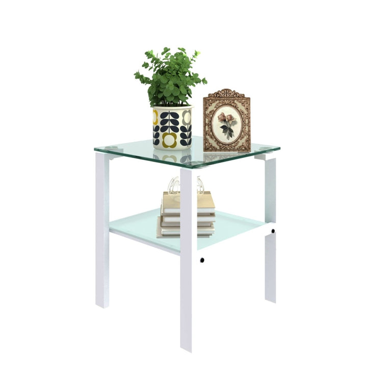 Glass two layer tea table, small round table, bedroom corner table, living room white side table(White)DTYStore