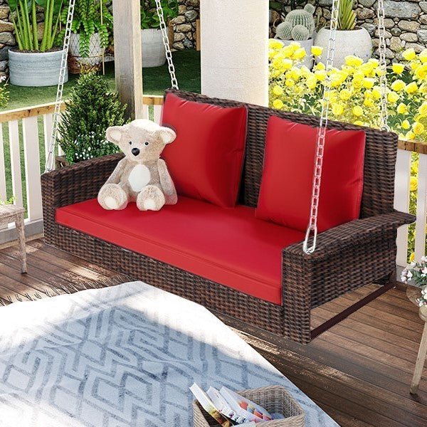 GO 2-Person Wicker Hanging Porch Swing with Chains, Cushion, Pillow, Rattan Swing Bench for Garden, Backyard, Pond. (Brown Wicker, Red Cushion)DTYStore