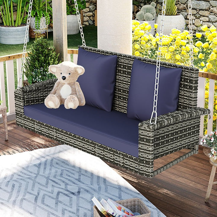 GO 2-Person Wicker Hanging Porch Swing with Chains, Cushion, Pillow, Rattan Swing Bench for Garden, Backyard, Pond. (Gray Wicker, Blue Cushion)DTYStore