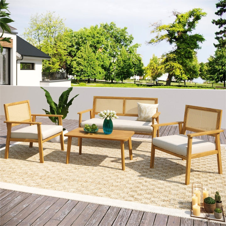 GO 4-piece Acacia Wood Sofa Set, Outdoor Living Space Furniture, Garden Set, Backrest With Wicker Mesh Design, Beige CushionsDTYStore