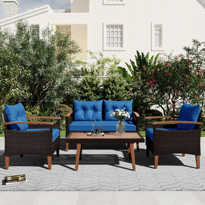 GO 4-Piece Garden Furniture, Patio Seating Set, PE Rattan Outdoor Sofa Set, Wood Table and Legs, Brown and BlueDTYStore