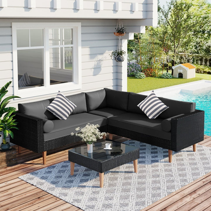 GO 4-pieces Outdoor Wicker Sofa Set, Patio Furniture with Colorful Pillows, L-shape sofa set, Gray cushions and Black RattanDTYStore