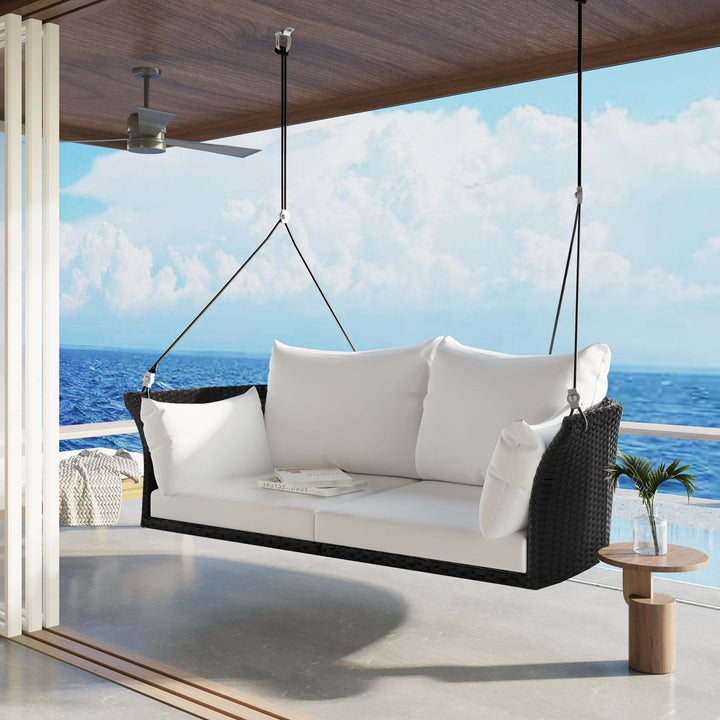 GO 51.9” 2-Person Hanging Seat, Rattan Woven Swing Chair, Porch Swing With Ropes, Black Wicker And White CushionDTYStore