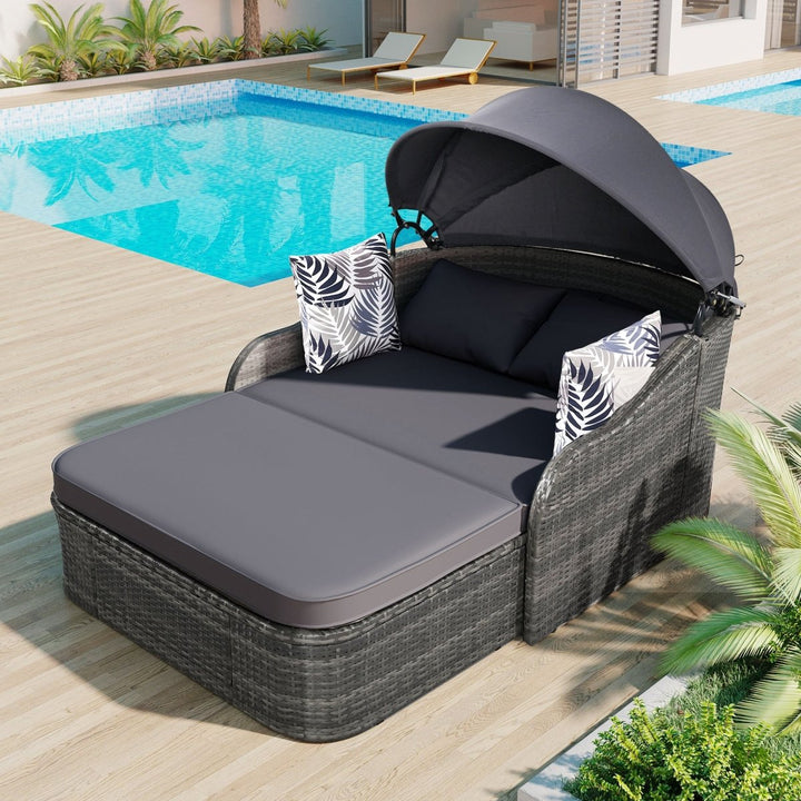 GO 79.9" Outdoor Sunbed with Adjustable Canopy, Double lounge, PE Rattan Daybed, Gray Wicker And CushionDTYStore