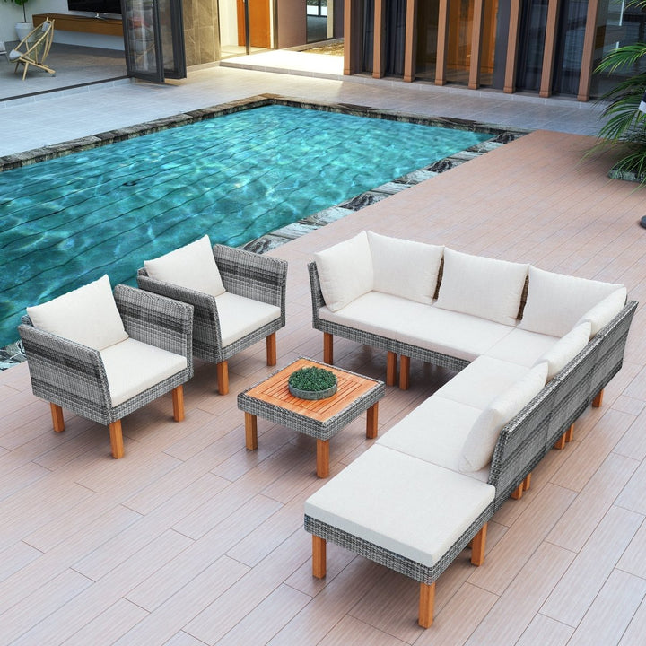 GO 9-Piece Outdoor Patio Garden Wicker Sofa Set, Gray PE Rattan Sofa Set, with Wood Legs, Acacia Wood Tabletop, Armrest Chairs with Beige CushionsDTYStore