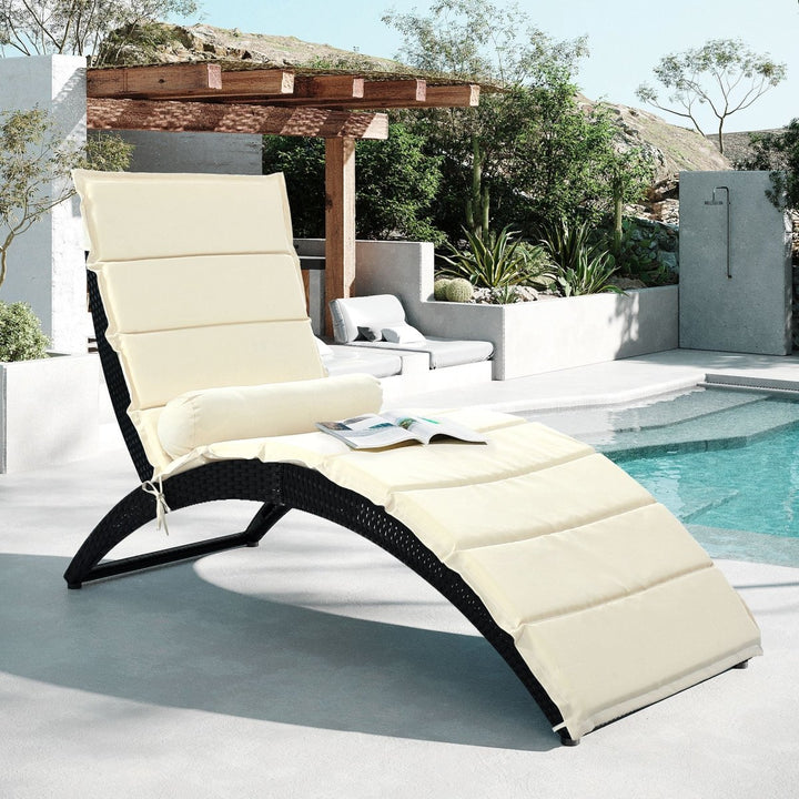 GO Patio Wicker Sun Lounger, PE Rattan Foldable Chaise Lounger with Removable Cushion and Bolster Pillow, Black Wicker and Beige CushionDTYStore