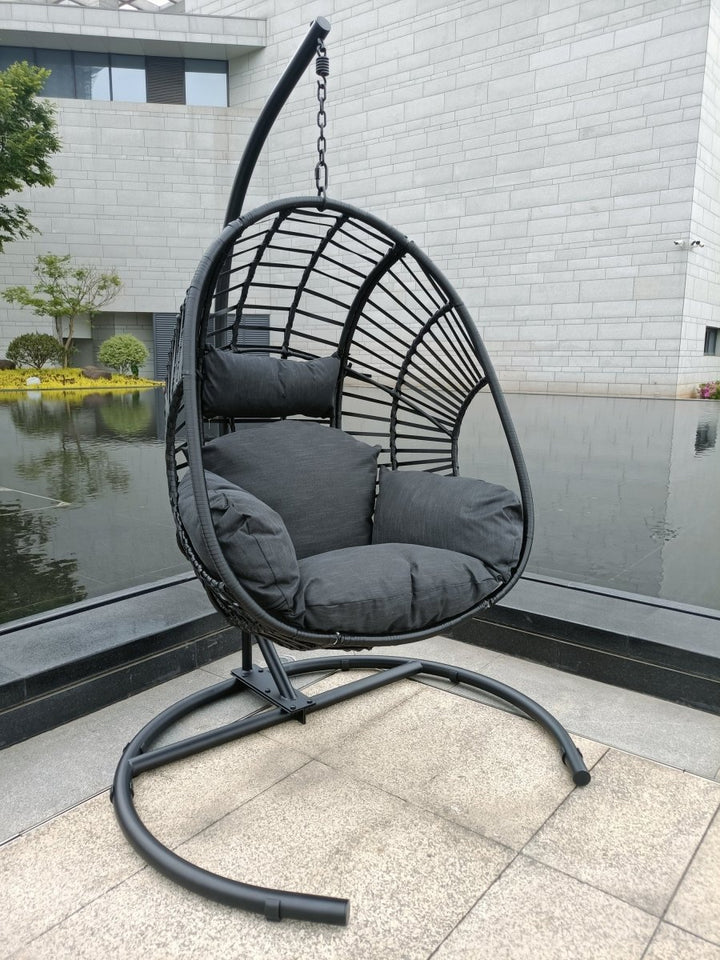 High Quality Outdoor Indoor Black color PE Wicker Swing Egg chair with Antracite Color Cushion And Black Color BaseDTYStore
