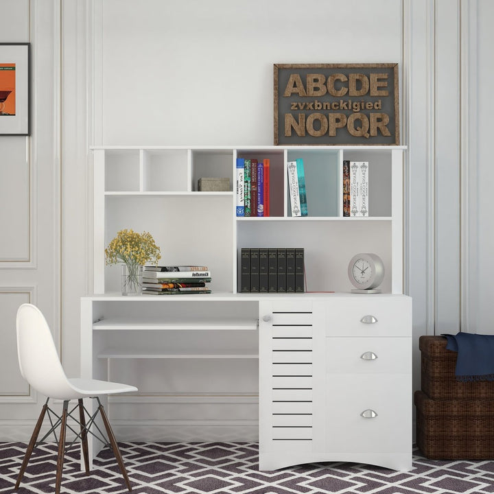 Home Office Computer Desk with Hutch, Antiqued White finishDTYStore