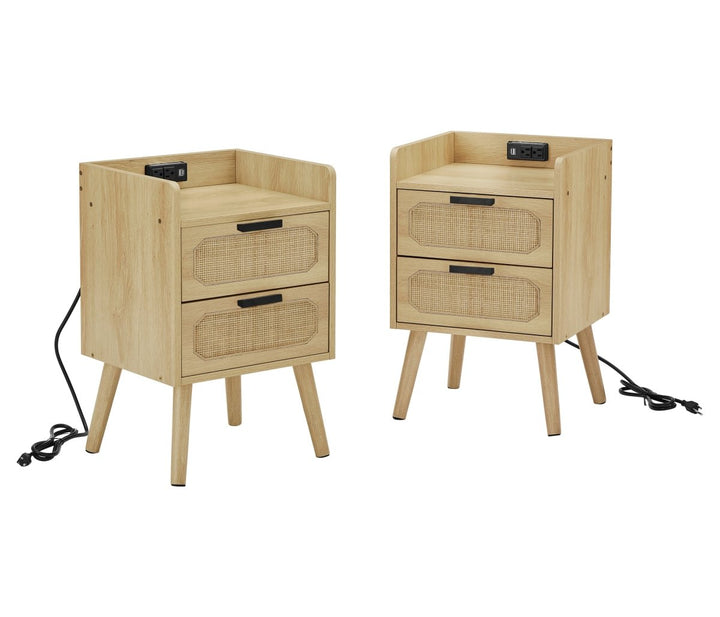 JHX Rattan nightstand with socket side table natural handmade rattan（2PC,Natural ,15.55’’W*13.78’’D*23.82’’H）DTYStore