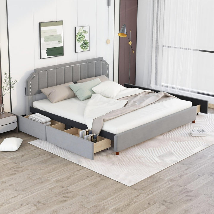 King Size Upholstery Platform Bed with Four Storage Drawers,Support Legs,GreyDTYStore