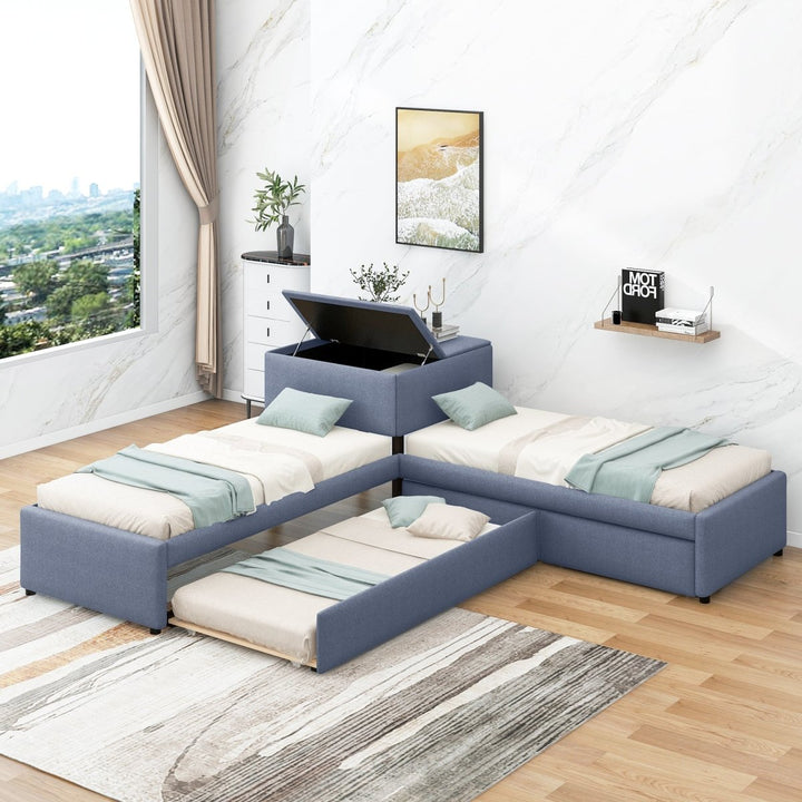 L-shaped Upholstered Platform Bed with Trundle and Two Drawers Linked with built-in Desk,Twin,GrayDTYStore