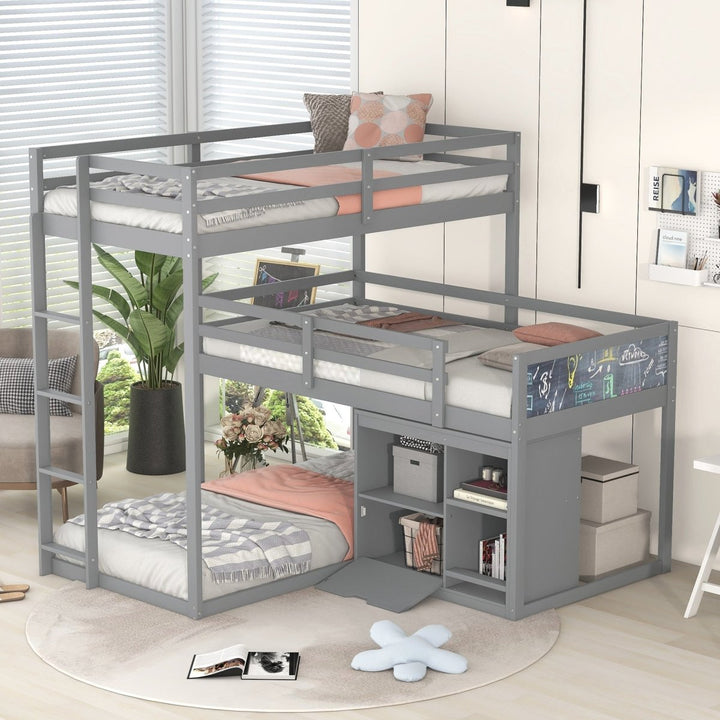 L-shaped Wood Triple Twin Size Bunk Bed with Storage Cabinet and Blackboard, Ladder, GrayDTYStore