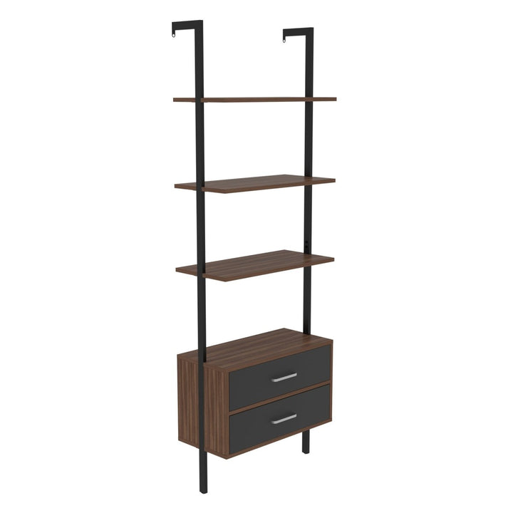 Ladder Bookcase, Vertical open space shelf with 2 drawers, office bookshelf wall mount required (walnut),provides storage for artwork, decorative figurines, and potted plantsDTYStore