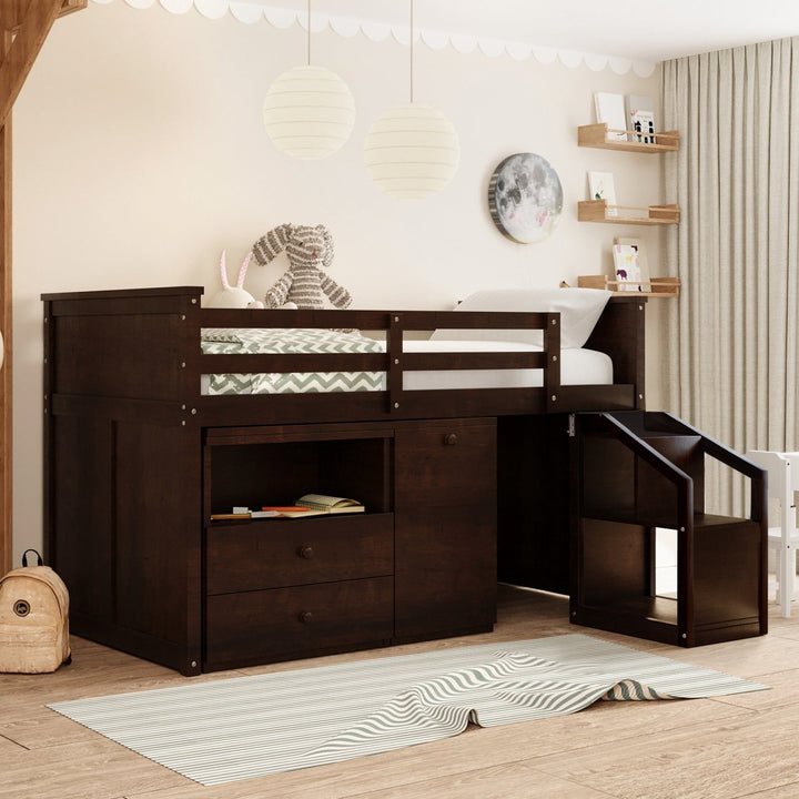 Loft Bed Low Study Twin Size Loft Bed With Storage Steps and Portable,Desk,Espresso(OLD SKU: LT000101AAP)DTYStore