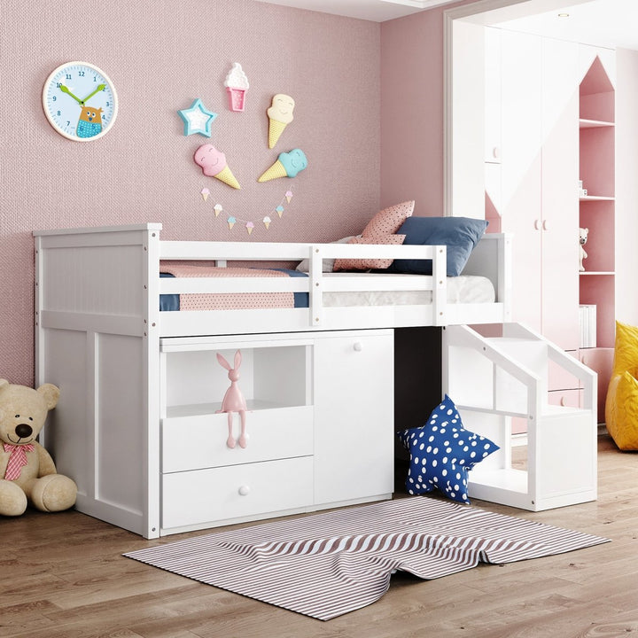 Loft Bed Low Study Twin Size Loft Bed With Storage Steps and Portable,Desk,White(OLD SKU: LT000101AAK)DTYStore