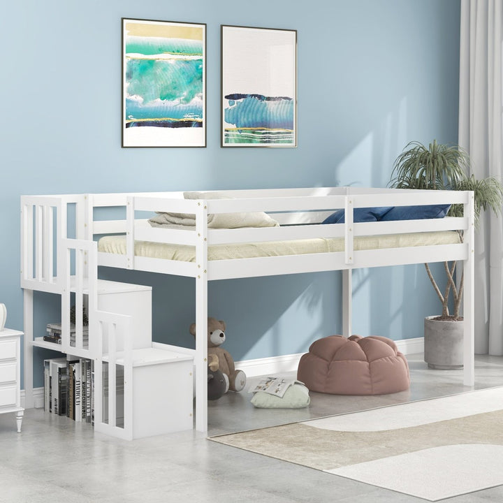 Loft bed with staircase , WhiteDTYStore