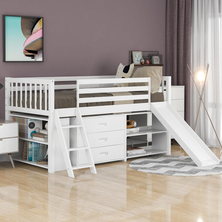 Low Loft Bed with Attached Bookcases and Separate 3-tier Drawers,Convertible Ladder and Slide,Twin,WhiteDTYStore