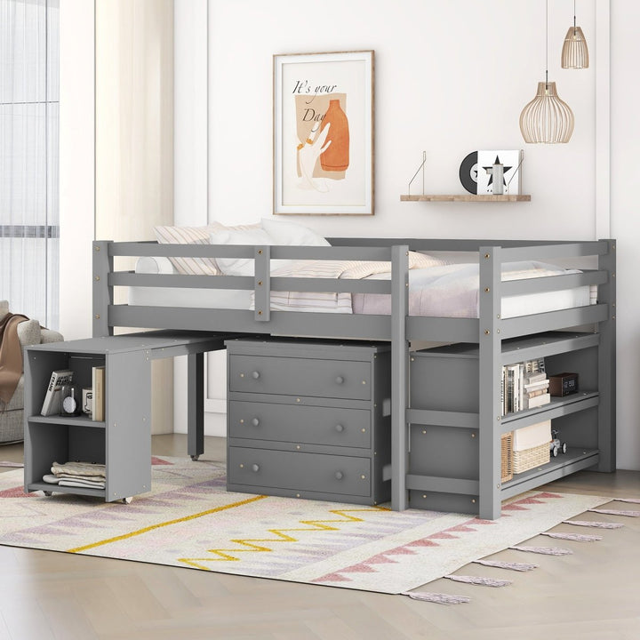 Low Study Full Loft Bed with Cabinet ,Shelves and Rolling Portable Desk ,Multiple Functions Bed- GrayDTYStore