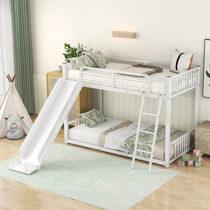Metal Bunk Bed with Slide, Twin over Twin, WhiteDTYStore