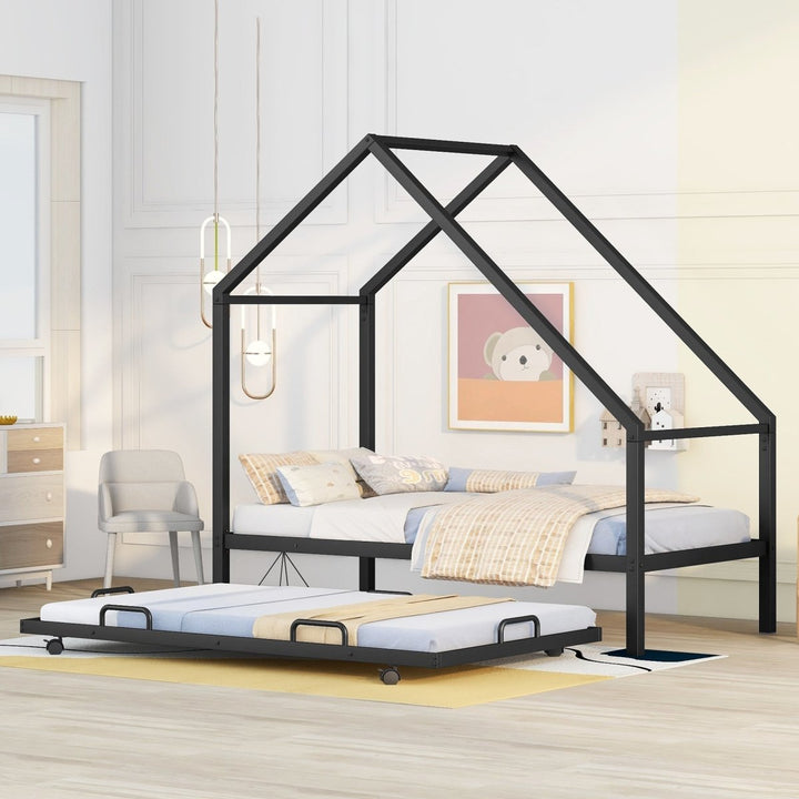Metal House Bed With Trundle, Twin Size House Bed BlackDTYStore
