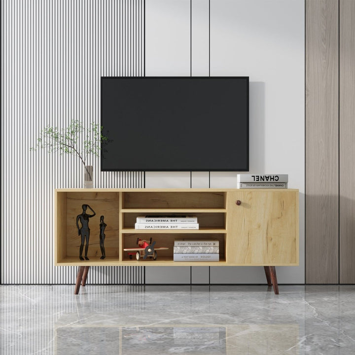 Mid-Century TV Stand for TVs up to 60 Inches, Entertainment Center with Open Storage Shelves & Cabinet, Modern TV Console for Living Room, Rustic Oak.DTYStore