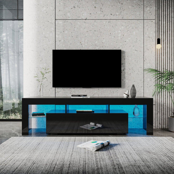 Modern gloss black TV Stand for 80 inch TV , 20 Colors LED TV Stand w/Remote Control LightsDTYStore