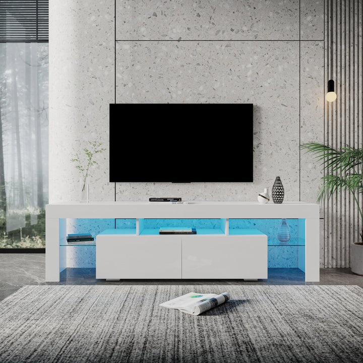 Modern gloss white TV Stand for 80 inch TV , 20 Colors LED TV Stand w/Remote Control LightsDTYStore
