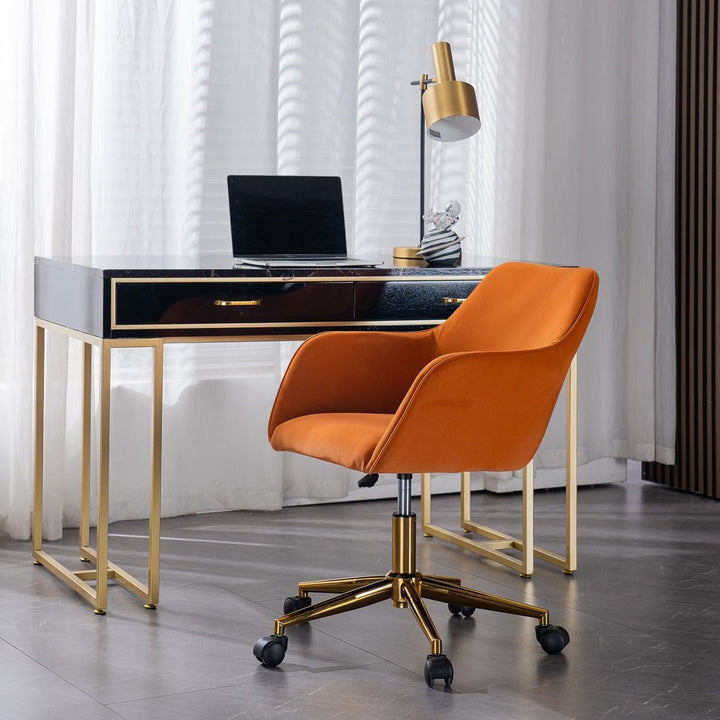 Modern Velvet Fabric Material Adjustable Height 360 revolving Home Office Chair with Gold Metal Legs and Universal Wheels for Indoor,OrangeDTYStore