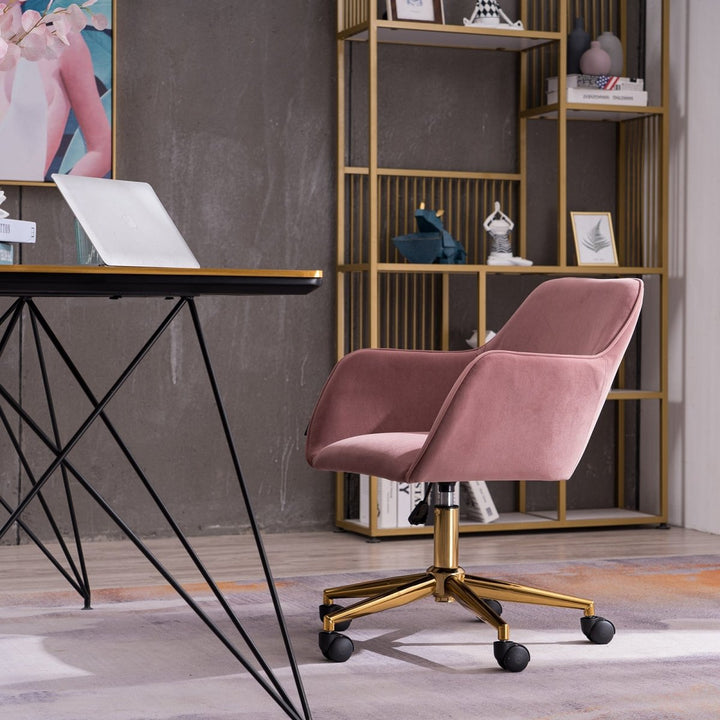 Modern Velvet Fabric Material Adjustable Height 360 revolving Home Office Chair with Gold Metal Legs and Universal Wheels for Indoor,PinkDTYStore