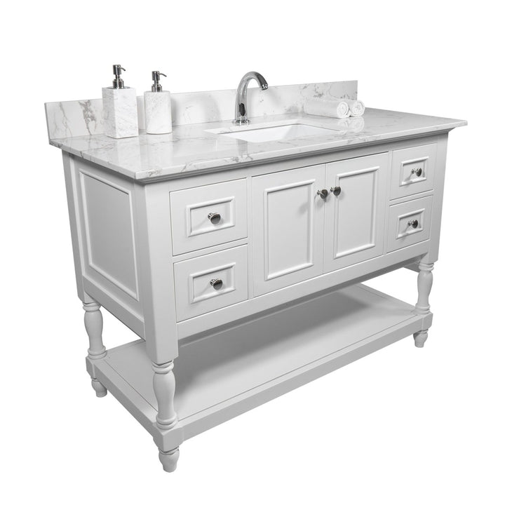 Montary 43‘’x22" bathroom stone vanity top engineered stone carrara white marble color with rectangle undermount ceramic sink and single faucet hole with back splash .DTYStore