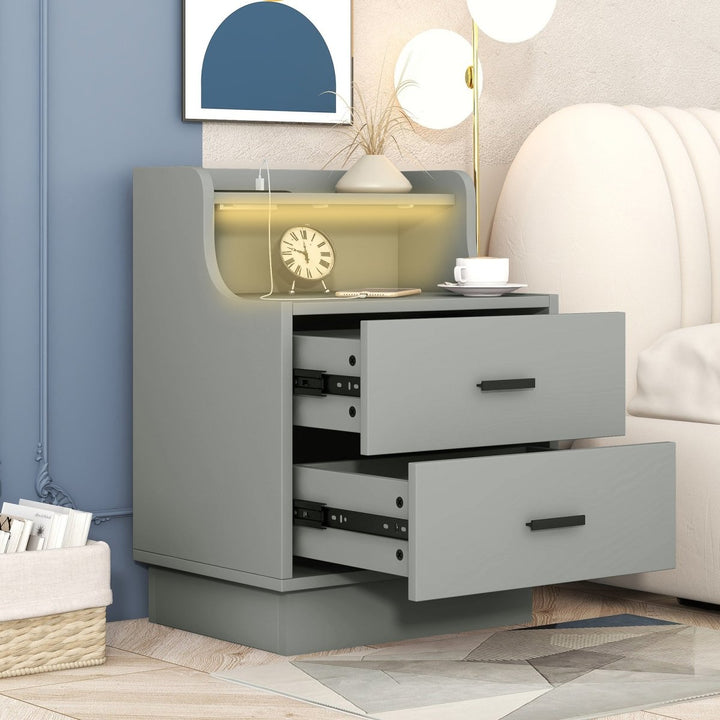 Multifunctional Nightstand with 2 Drawers, Shelf with USB Charging Design, Color-Changing LED, GrayDTYStore