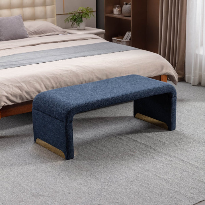 New Boucle Fabric Loveseat Ottoman Footstool Bedroom Bench Shoe Bench With Gold Metal Legs,Dark BlueDTYStore
