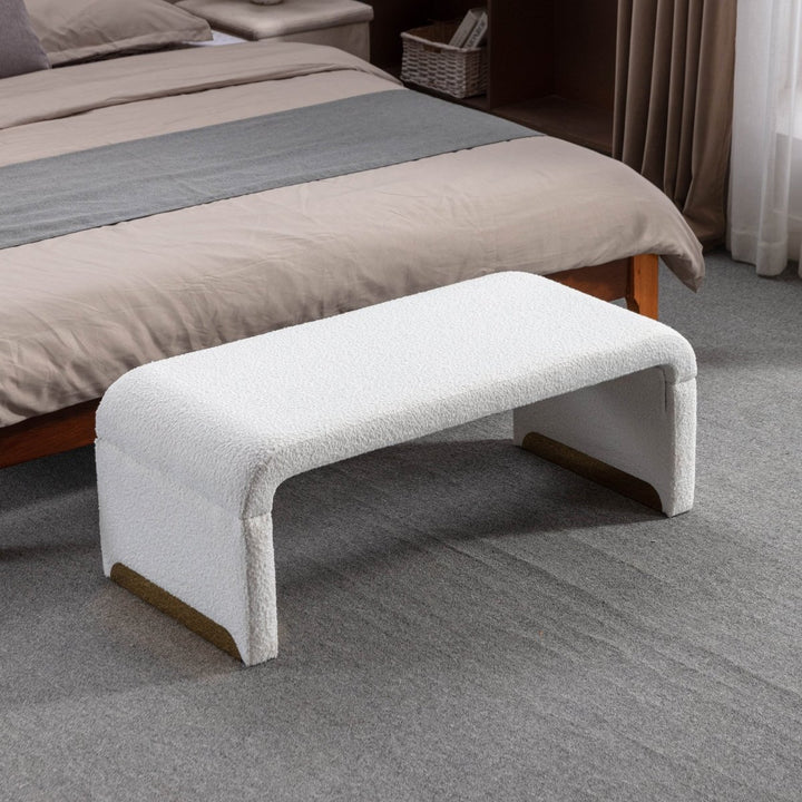 New Boucle Fabric Loveseat Ottoman Footstool Bedroom Bench Shoe Bench With Gold Metal Legs,Ivory WhiteDTYStore