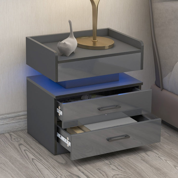 Nightstand with 2 Drawers,USB Charging Ports, Wireless Charging and Remote Control LED Light-Dark GrayDTYStore