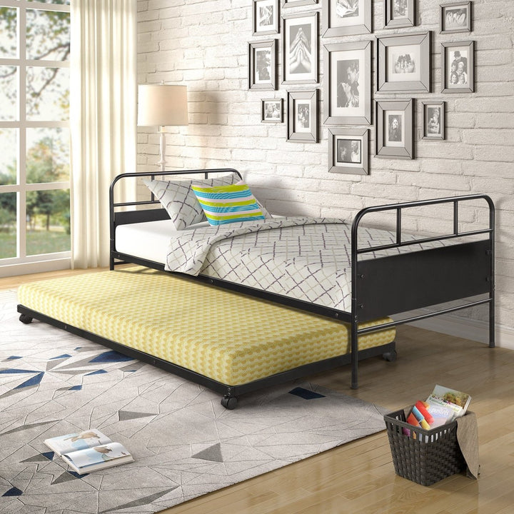 【Not allowed to sell to Walmart】Metal Daybed Platform Bed Frame with Trundle Built-in Casters, Twin SizeDTYStore