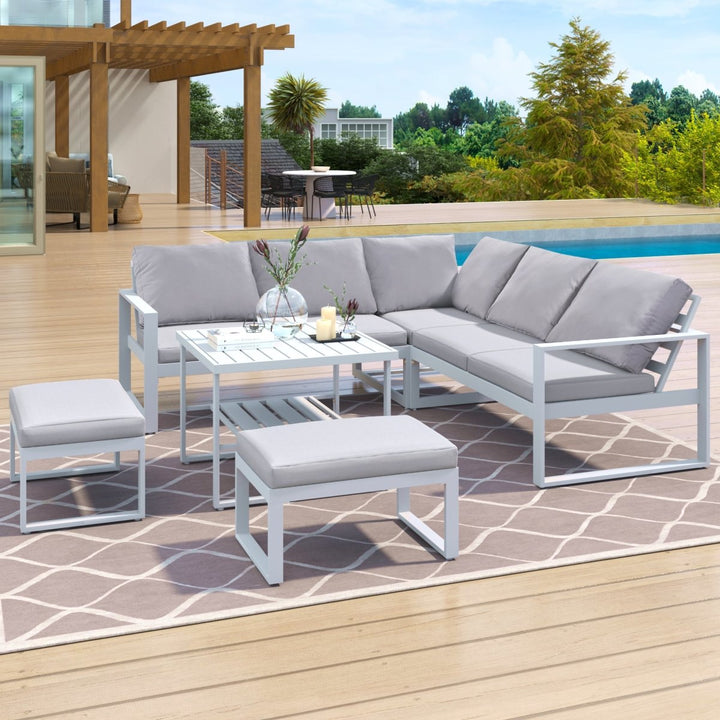 【Not allowed to sell to Wayfair】U_Style Industrial Style Outdoor Sofa Combination Set With 2 Love Sofa,1 Single Sofa,1 Table,2 BenchDTYStore