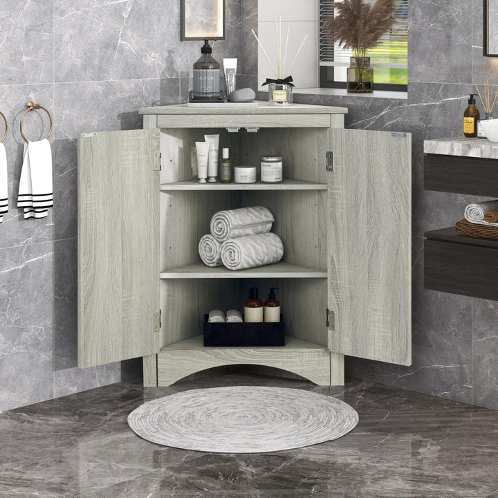 Oak Triangle Bathroom Storage Cabinet with Adjustable Shelves, Freestanding Floor Cabinet for Home KitchenDTYStore