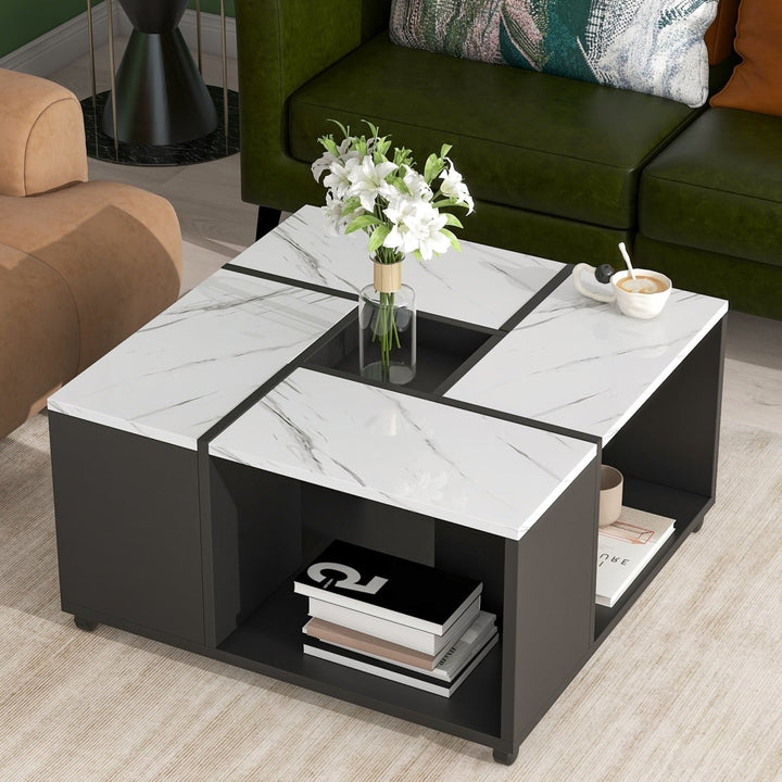 ON-TREND Modern 2-layer Coffee Table with Casters, Square Cocktail Table with Removable Tray，UV High-gloss Marble Design Center Table for Living Room，31.4”x 31.4”DTYStore