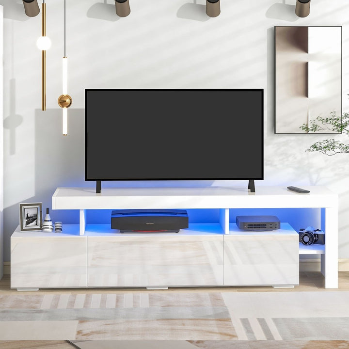 ON-TREND Modern Style 16-colored LED Lights TV Cabinet， UV High Gloss Surface Entertainment Center with DVD Shelf， Up to 70 inch TV, WhiteDTYStore