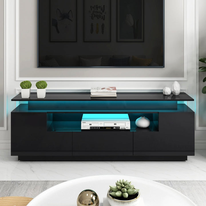 ON-TREND Modern, Stylish Functional TV stand with Color Changing LED Lights, Universal Entertainment Center, High Gloss TV Cabinet for 75+ inch TV, BlackDTYStore