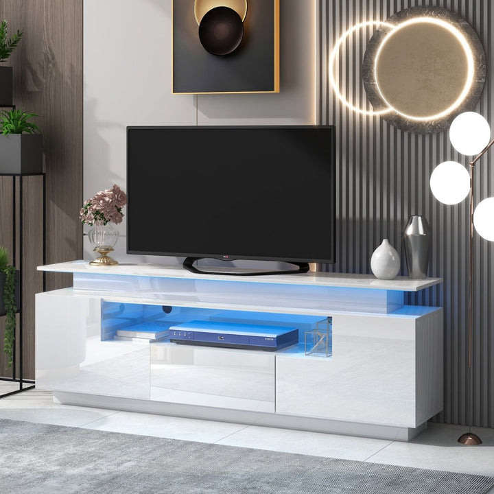 ON-TREND Modern, Stylish Functional TV stand with Color Changing LED Lights, Universal Entertainment Center, High Gloss TV Cabinet for 75+ inch TV, WhiteDTYStore
