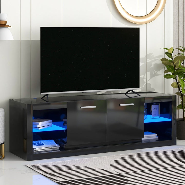 ON-TREND Modern TV Stand with 2 Tempered Glass Shelves, High Gloss Entertainment Center for TVs Up to 70”, Elegant TV Cabinet with LED Color Changing Lights for Living Room, BlackDTYStore