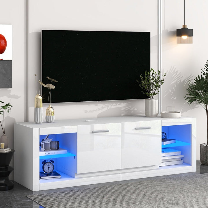 ON-TREND Modern TV Stand with 2 Tempered Glass Shelves, High Gloss Entertainment Center for TVs Up to 70”, Elegant TV Cabinet with LED Color Changing Lights for Living Room, WhiteDTYStore