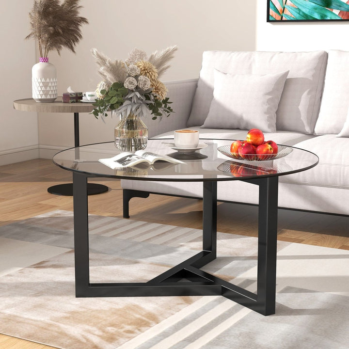 ON-TREND Round Glass Coffee Table Modern Cocktail Table Easy Assembly with Tempered Glass Top & Sturdy Wood Base (Black)DTYStore