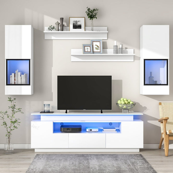 ON-TREND Stylish Functional TV stand, 5 Pieces Floating TV Stand Set, High Gloss Wall Mounted Entertainment Center with 16-color LED Light Strips for 75+ inch TV, WhiteDTYStore