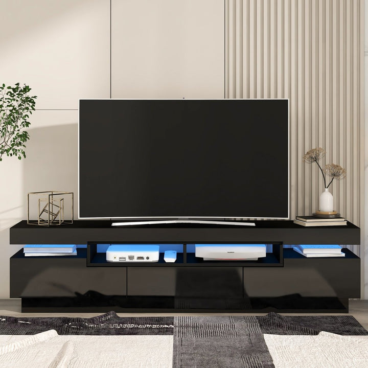 On-Trend TV Stand with 4 Open Shelves, Modern High Gloss Entertainment Center for 75 Inch TV, Universal TV Storage Cabinet with 16-color RGB LED Color Changing Lights, BlackDTYStore
