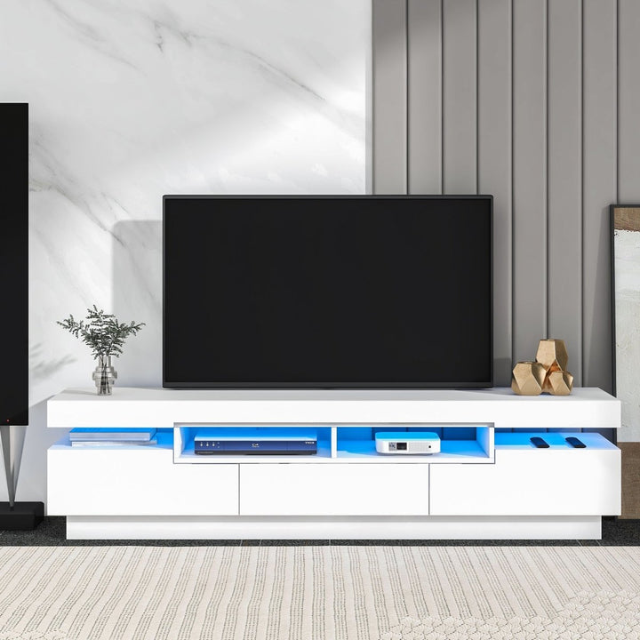 On-Trend TV Stand with 4 Open Shelves, Modern High Gloss Entertainment Center for 75 Inch TV, Universal TV Storage Cabinet with 16-color RGB LED Color Changing Lights, WhiteDTYStore